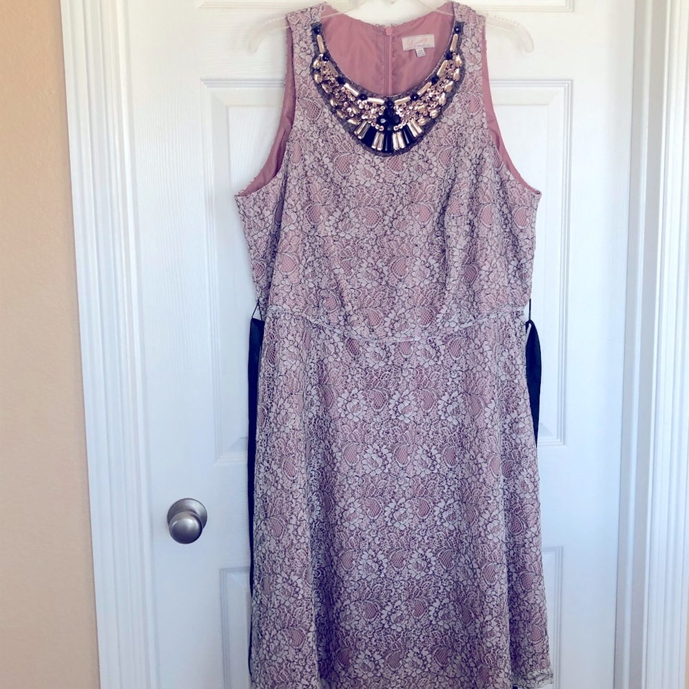 Lovely by ADRIANNA PAPELL 20W SS Dusty Pink Dress With Rhinestones Lace Overlay